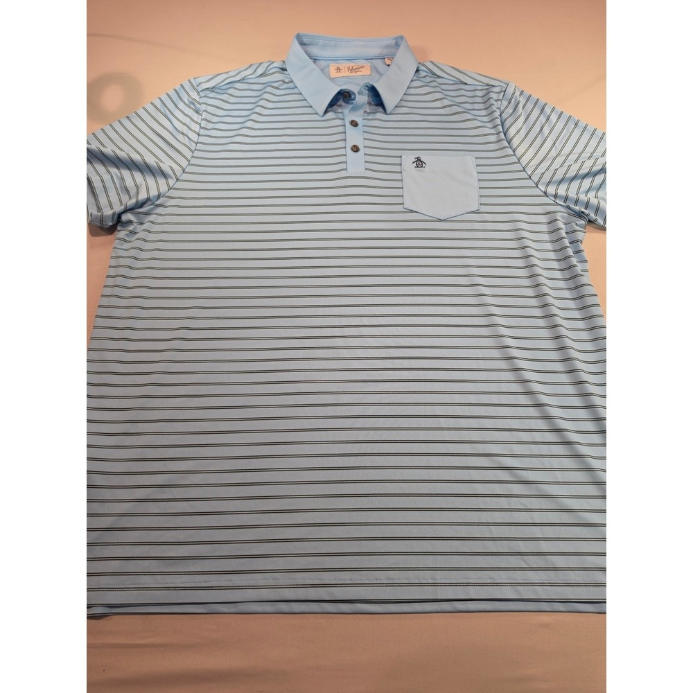 Original Penguin Mens XXL Blue Striped Short Sleeve Pocket Polo Shirt Golf Top